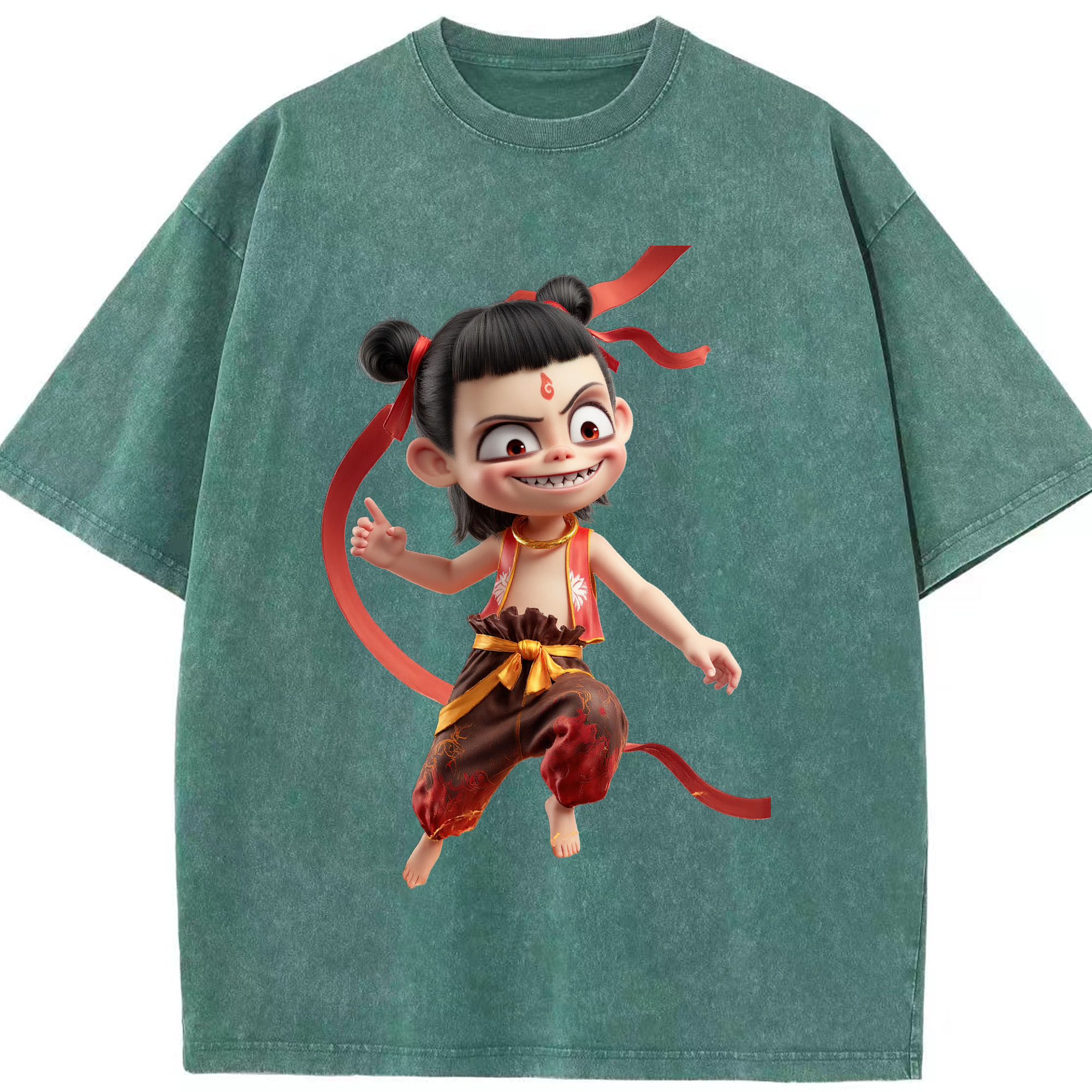（画像用） Ne Zha 2 ナタ 魔童の大暴れ 綿100% ヴィンテージ風 半袖Tシャツ（フロントプリント）